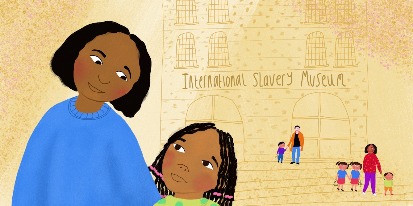 Digital colour illustration. The illustration shows a young girl with her mother looking at each other on the left side of the image. The mother is wearing a blue jumper and the girl a lime green with green spotted top. The girls hair is in braids, tied with pink ties at the end. The mother and daughter are of a Black ethnic background. Behind them on a yellow and orange background is a drawing of the front of a museum with the name 'International Slavery Museum' written in large letters. On the steps leading up to the museum are a father and son of a White ethnic background and a family of a mother, daughter and twin daughters. The mother us of a Black ethnic background and the daughters are of a Mixed ethnic background.