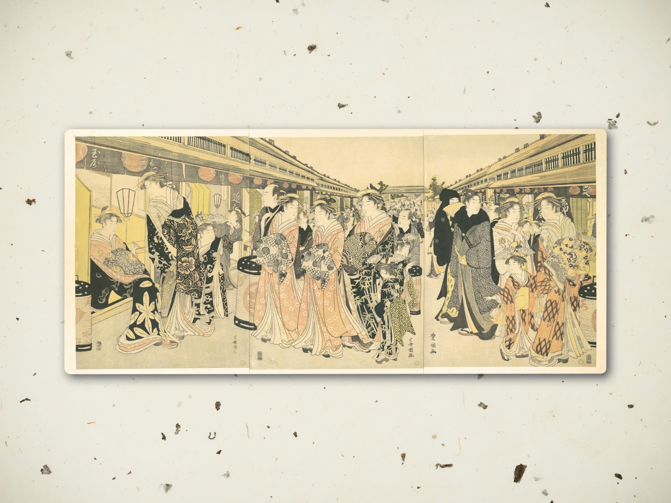 Digital composite image showing a textured rice paper background. Resting on top of the background is an 18th century illustration showing courtesans promenading on the Nakanochō in Yoshiwara. The street scene is a busy one with shops either side and people milling about in the centre. The colours are muted and faded with time.