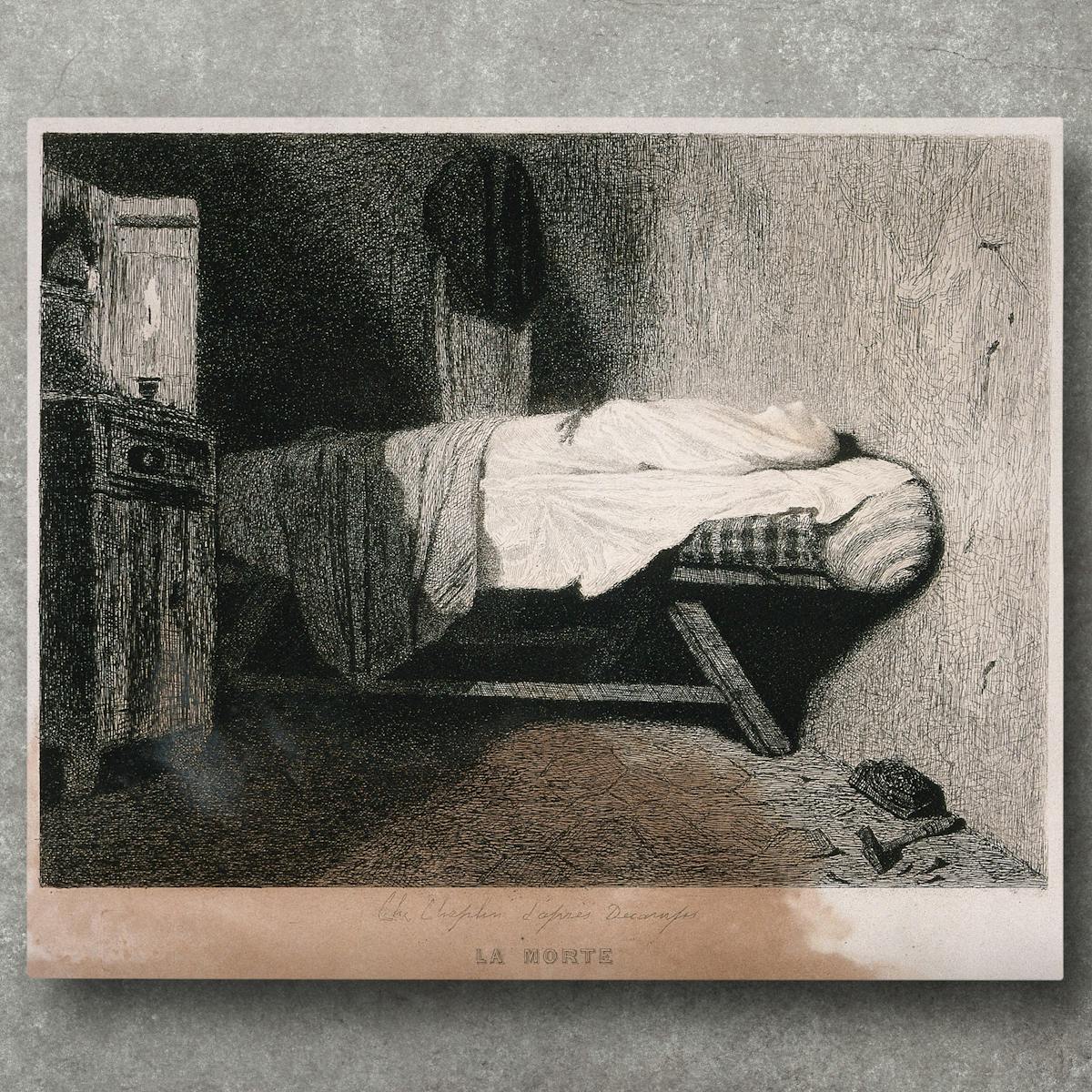 An etching depicting a corpse lying on a bed in a domestic setting. A large white sheet covers the body.