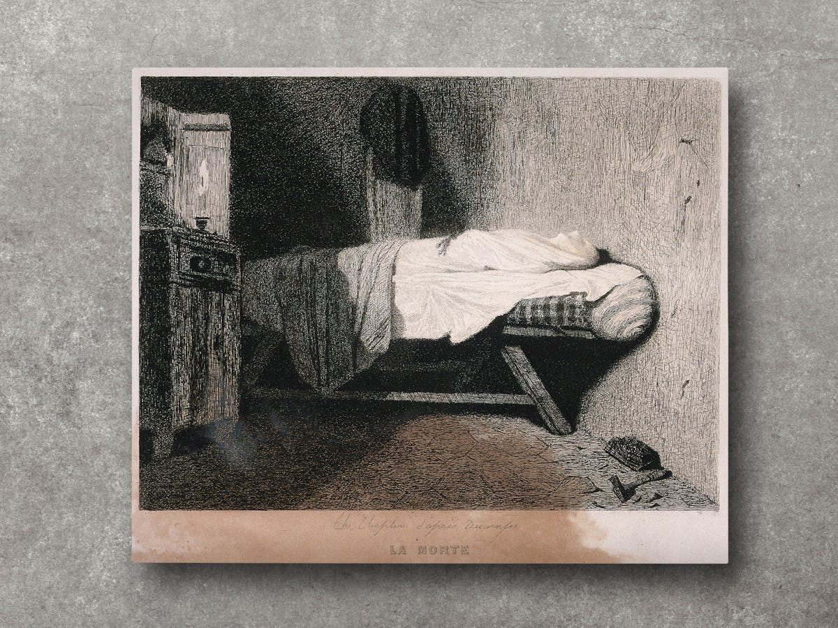 An etching depicting a corpse lying on a bed in a domestic setting. A large white sheet covers the body.