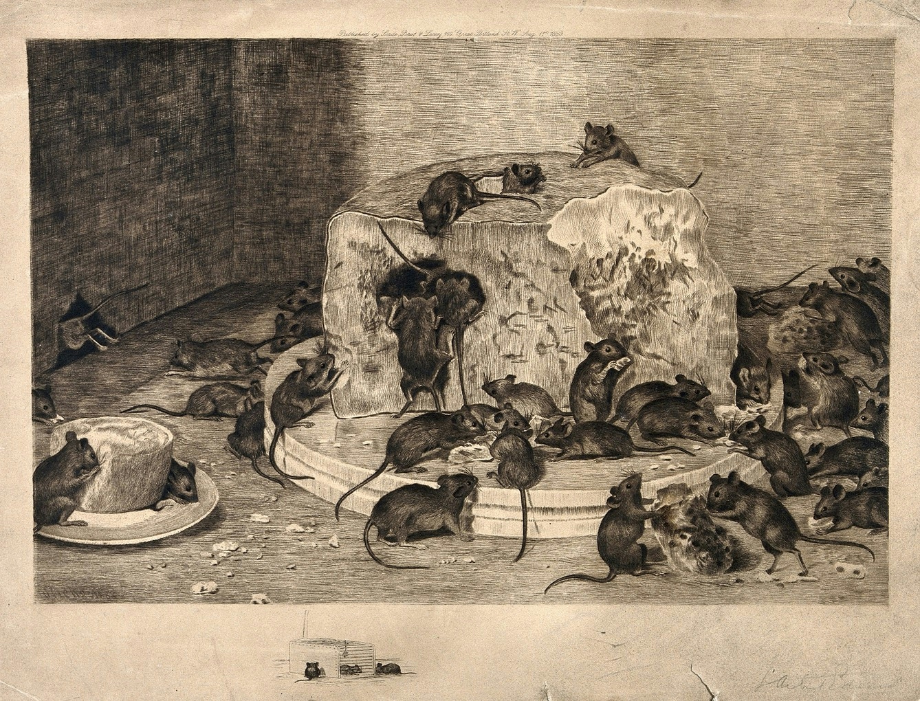 Sketch on sepia background of many mice nibbling at a large block of cheese