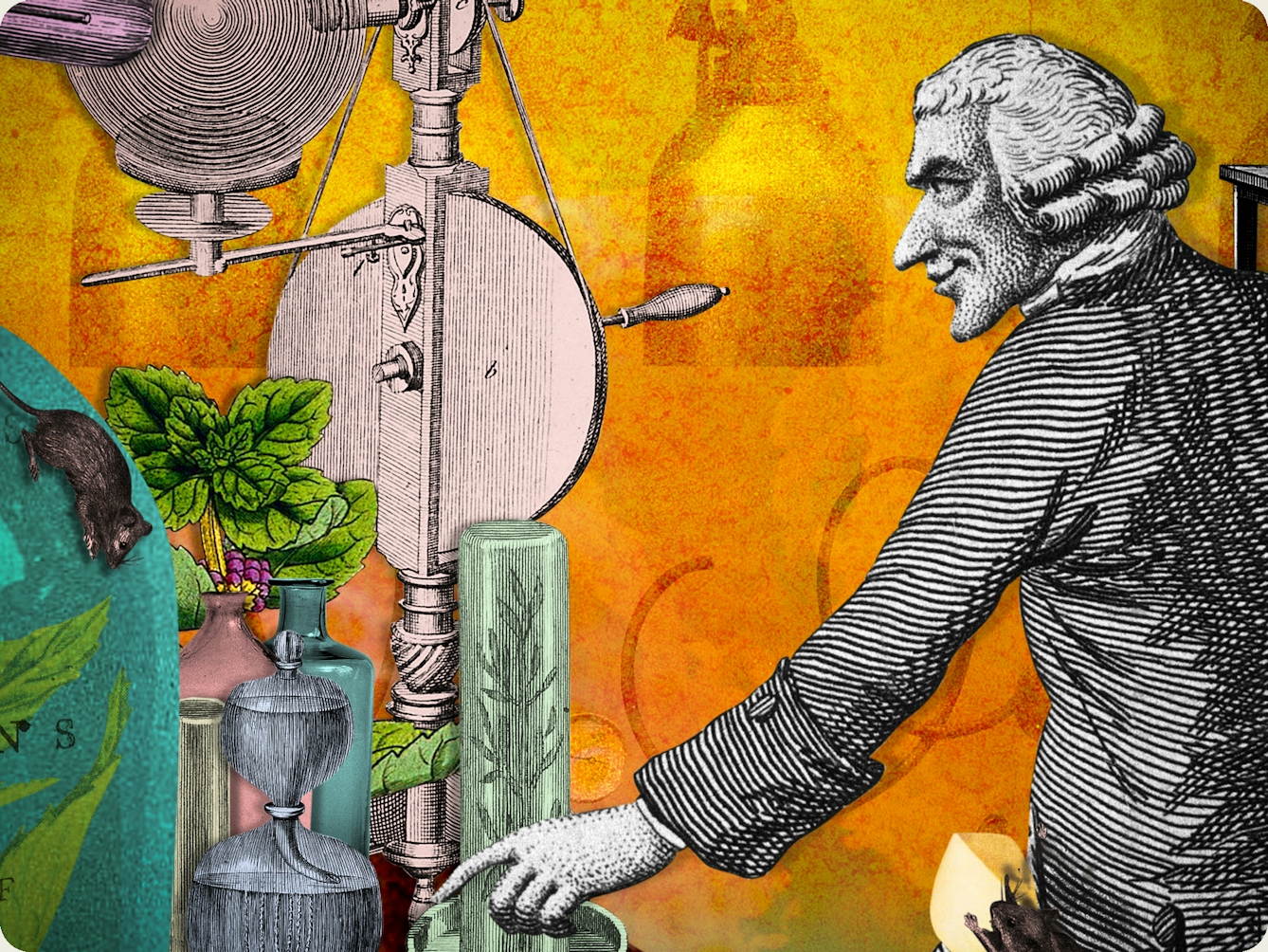 Detail from a larger digital montage artwork created using archive material. The image shows an 18th-century male character in wig and coat looking to the left, arm outstretched pointed to objects on a table. These object seem to be part of a larger science experiment with all sorts of things going on. Surrounding the objects are scientific instruments including test tubes, condensing tubes, and mechanical tools. More mice run over these elements surrounded by mint leaves. The background is a warm orange and yellow with motifs of bubbles and swirls.
