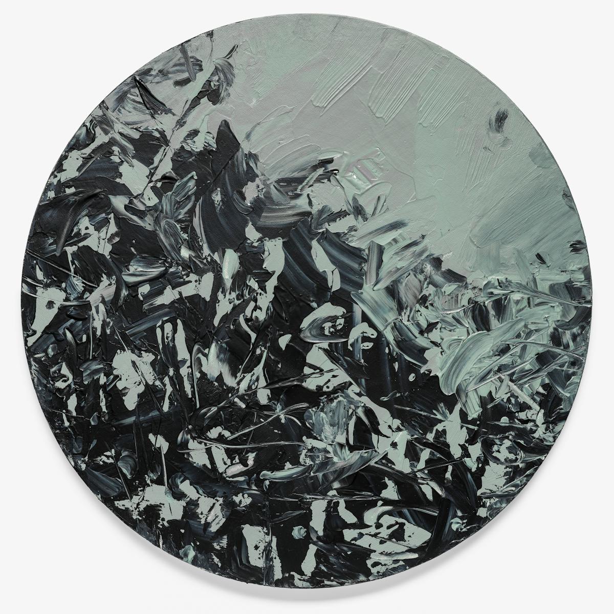 Photograph of an abstract expressionist painting on a large circular canvas, titled 'Binaries'. It is predominantly monochrome. The background layer is completely covered with grey and green-grey hues. Textural qualities have been captured in the acrylic paint including impressions made by deep brush strokes and gathered, layered paint. Black expressionist marks, created with a palette knife, scatter across the surface and begin to accumulate towards one side of the canvas. Some marks include waves of banded black and grey. The black marks are reminiscent of a murder of crows, with their onyx wings stretching and taking flight. The artwork rests on a light grey background with a small shadow on the lower half which reveals its three dimensional physicality.