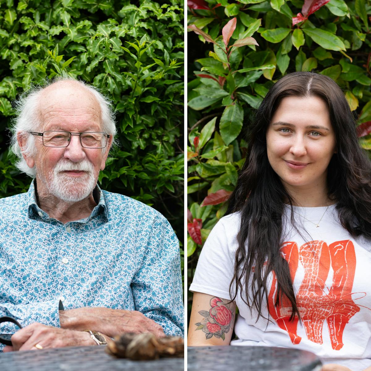 Two photographs next to other forming a diptych. On the left is an elderly man wearing glasses with white hair and a white goatee beard. He is wearing a shirt covered with small blue flowers. On the right is a young woman with long dark hair. She is wearing a white t-shirt with a red printed design on the front, there are tattoos visible on each arm. Behind both people are large bushes with variegated leaves.