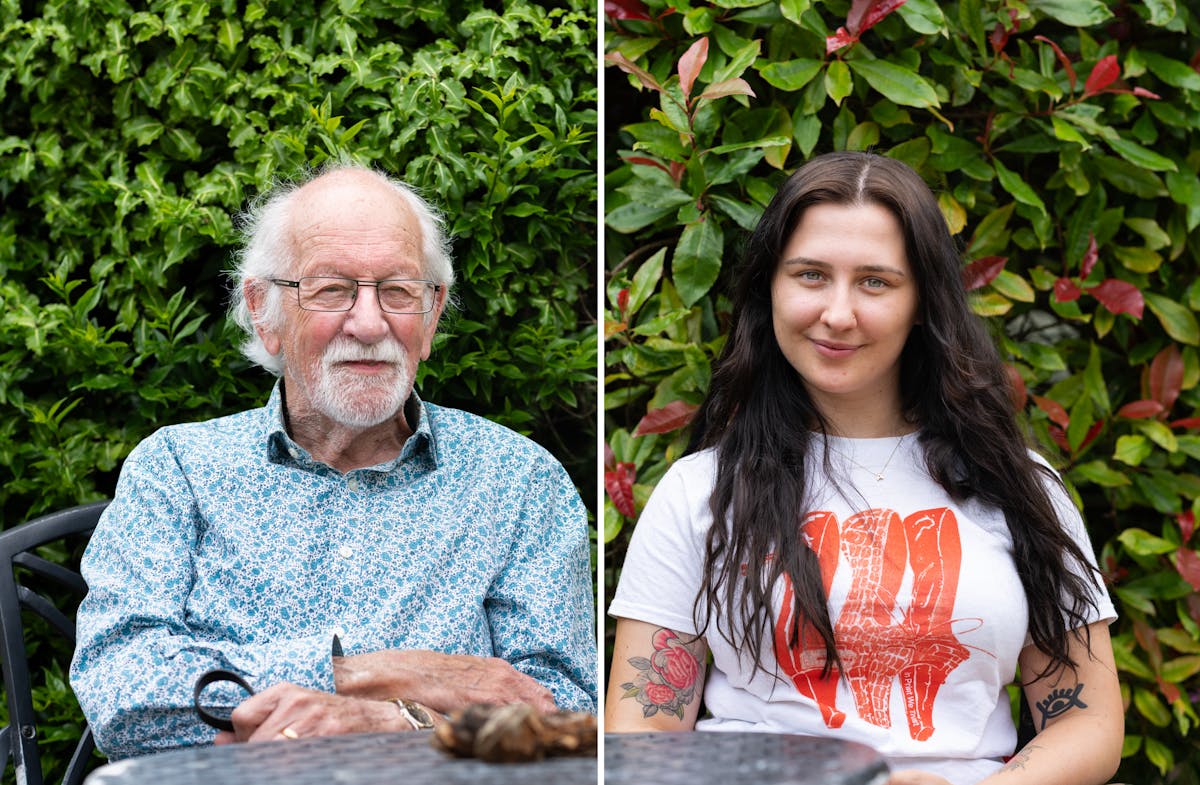 Two photographs next to other forming a diptych. On the left is an elderly man wearing glasses with white hair and a white goatee beard. He is wearing a shirt covered with small blue flowers. On the right is a young woman with long dark hair. She is wearing a white t-shirt with a red printed design on the front, there are tattoos visible on each arm. Behind both people are large bushes with variegated leaves.