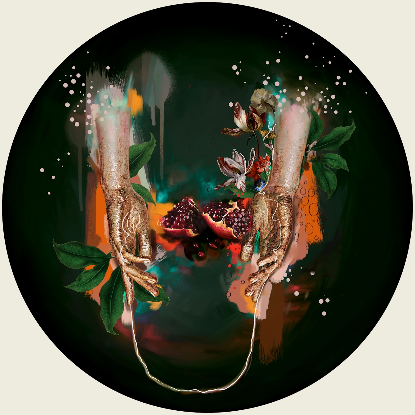 Digital montage artwork using elements from the work of 16th century female baroque painter Artemisia Gentileschi, combined with other imagery and illustrative elements. The artwork is set within a circle. The image shows two arms and hands reaching downwards, set against a dark background with blurred tones of greens and oranges. The fingers on the hands are loosely spread. Between the hands is a pomegranate cut open and several colourful blooming plants. There is a thin white line which meanders and zig-zags from the palm of the hand on the left and loops down and up on the right hand and up to the right wrist.
