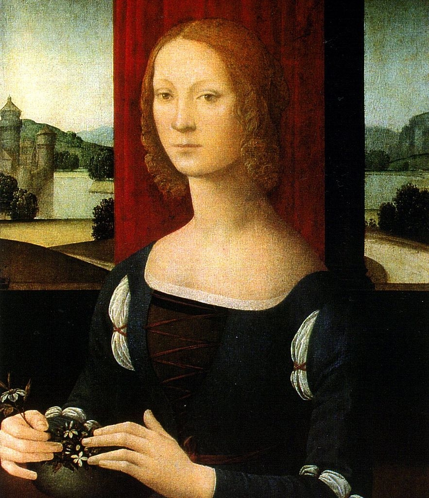 Oil painting of young European noblewoman Caterina Sforza (c.1463-1509) seated infront of a window with an Italian landscape. Artist Lorenzo di Credi