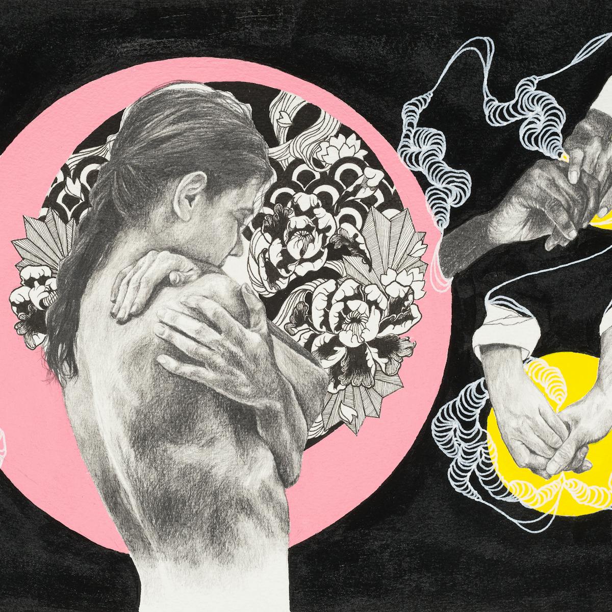 An artwork that combines life drawings of figures in pencil, detailed ink pen elements and painted colour sections against a black background. The central figure is a detailed pencil life drawing of a naked woman turned slightly away, her arms are wrapped around herself as if in an embrace. She is surrounded by detailed black ink drawings of foliage and encapsulated within a pale pink circle. In each corner of the artwork there are detailed pencil life drawings of pairs of hands, differing in ages and ethnicity. The hands are holding and touching each other and appear against separate yellow circles. Each group of hands is connected by detailed white lines against the black background.
