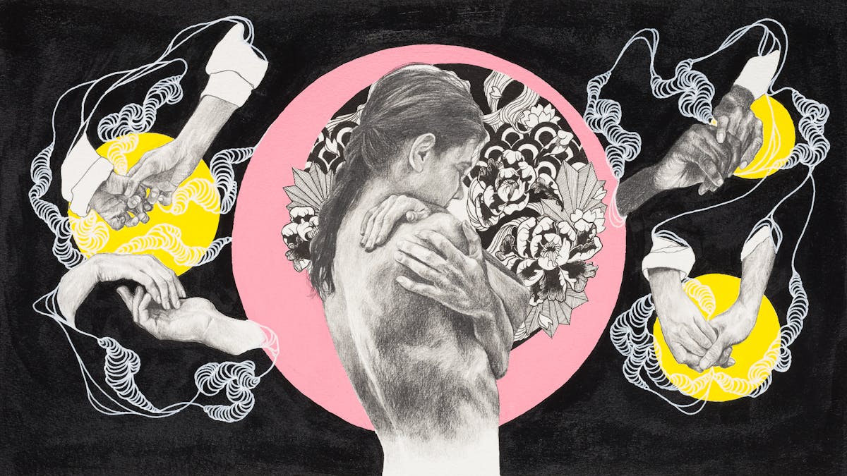 An artwork that combines life drawings of figures in pencil, detailed ink pen elements and painted colour sections against a black background. The central figure is a detailed pencil life drawing of a naked woman turned slightly away, her arms are wrapped around herself as if in an embrace. She is surrounded by detailed black ink drawings of foliage and encapsulated within a pale pink circle. In each corner of the artwork there are detailed pencil life drawings of pairs of hands, differing in ages and ethnicity. The hands are holding and touching each other and appear against separate yellow circles. Each group of hands is connected by detailed white lines against the black background.