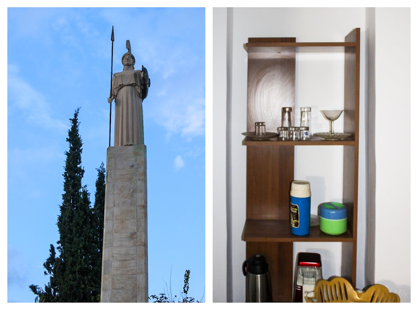 Photographic colour diptych. The image on the left shows a view looking up at a large statue of a woman carrying a shield and a spear and wearing an ornate helmet. She is stood on a large square column that rises up nest to a cluster of fir trees.  The image on the right shows an internal view of a tall wooden shelving unit in the corner of a white walled room. On the shelves re household items such as drinking glasses, plastic tubs and a flask.