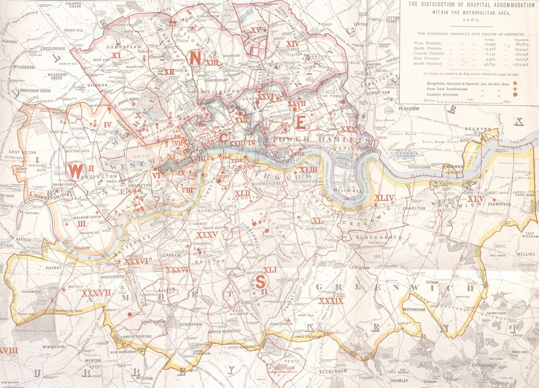 A map displaying the distribution of hospital accommodation in 1883 in London.
