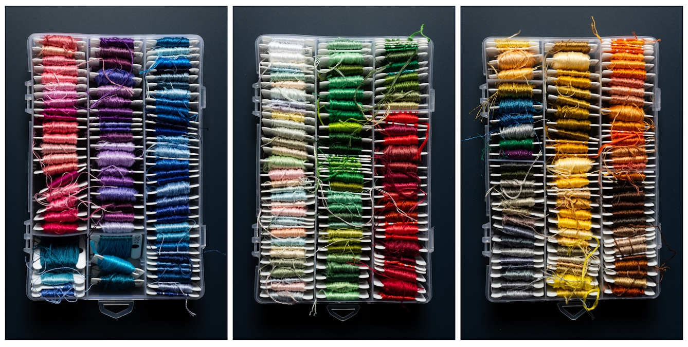 Three photographs placed next to each other showing boxes containing spools of cotton threads arranged by colour.