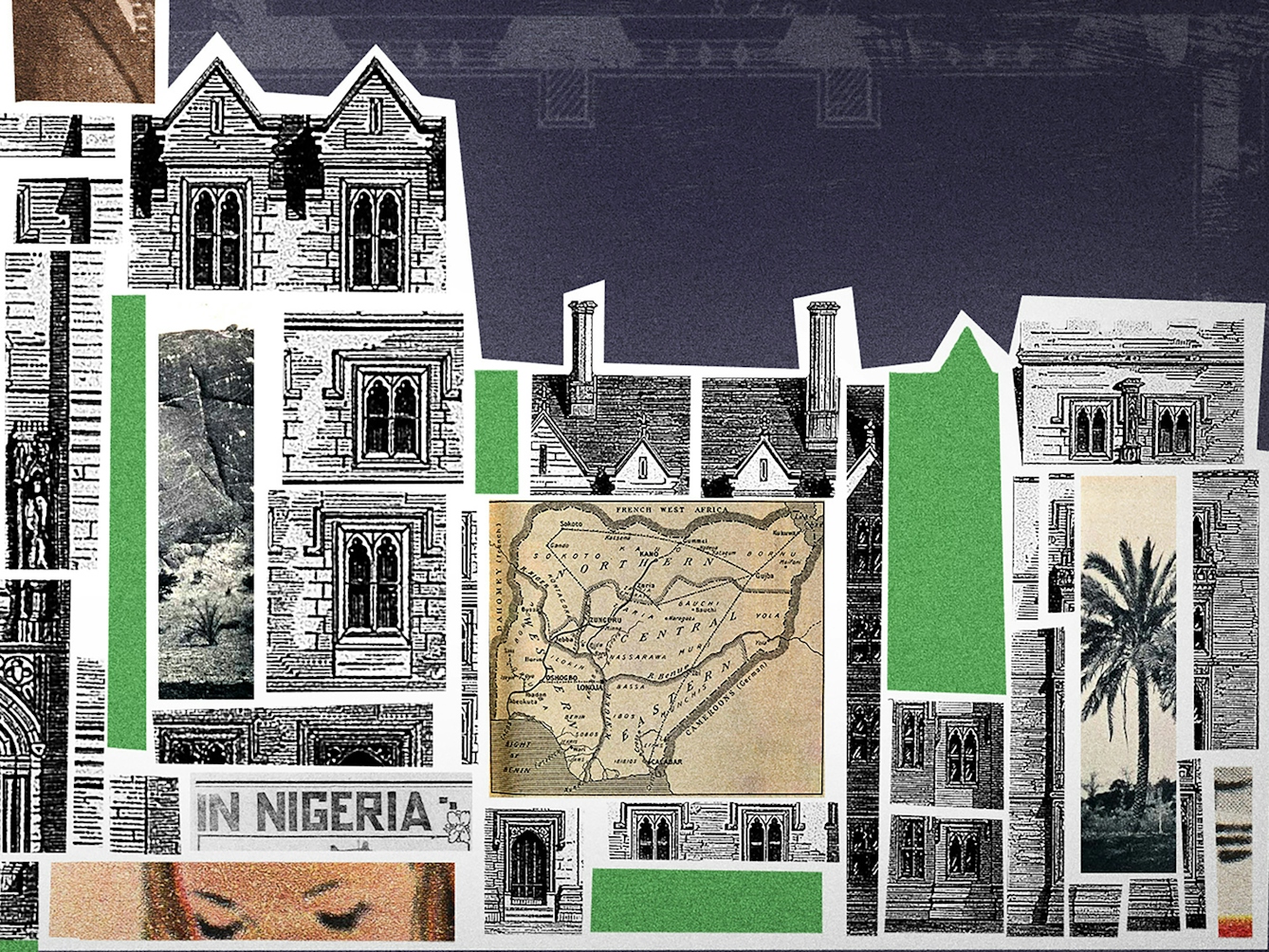 Crop from a larger digital collage. Shown is a building, labelled 'The London University'. The building's interior is filled with different collage elements, including newspaper cut-outs reading 'Africanus', 'Medical Service' and 'in Freetown'. Also shown in the building is an image of Kano (a city of Nigeria), images of the Bauchi Highlands, and a map of Nigeria. 