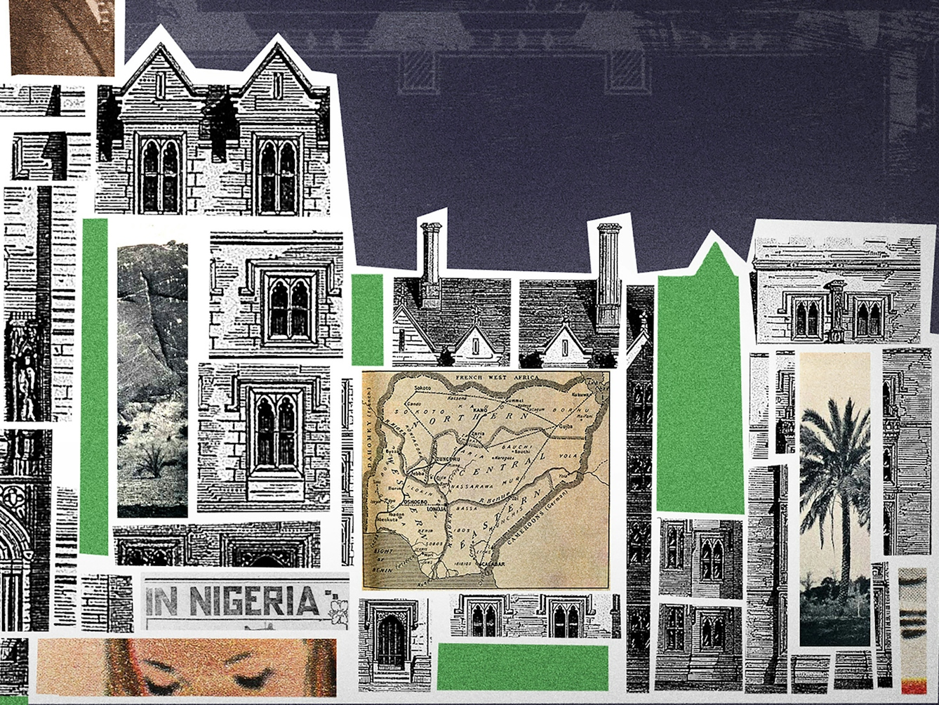 Crop from a larger digital collage. Shown is a building, labelled 'The London University'. The building's interior is filled with different collage elements, including newspaper cut-outs reading 'Africanus', 'Medical Service' and 'in Freetown'. Also shown in the building is an image of Kano (a city of Nigeria), images of the Bauchi Highlands, and a map of Nigeria.