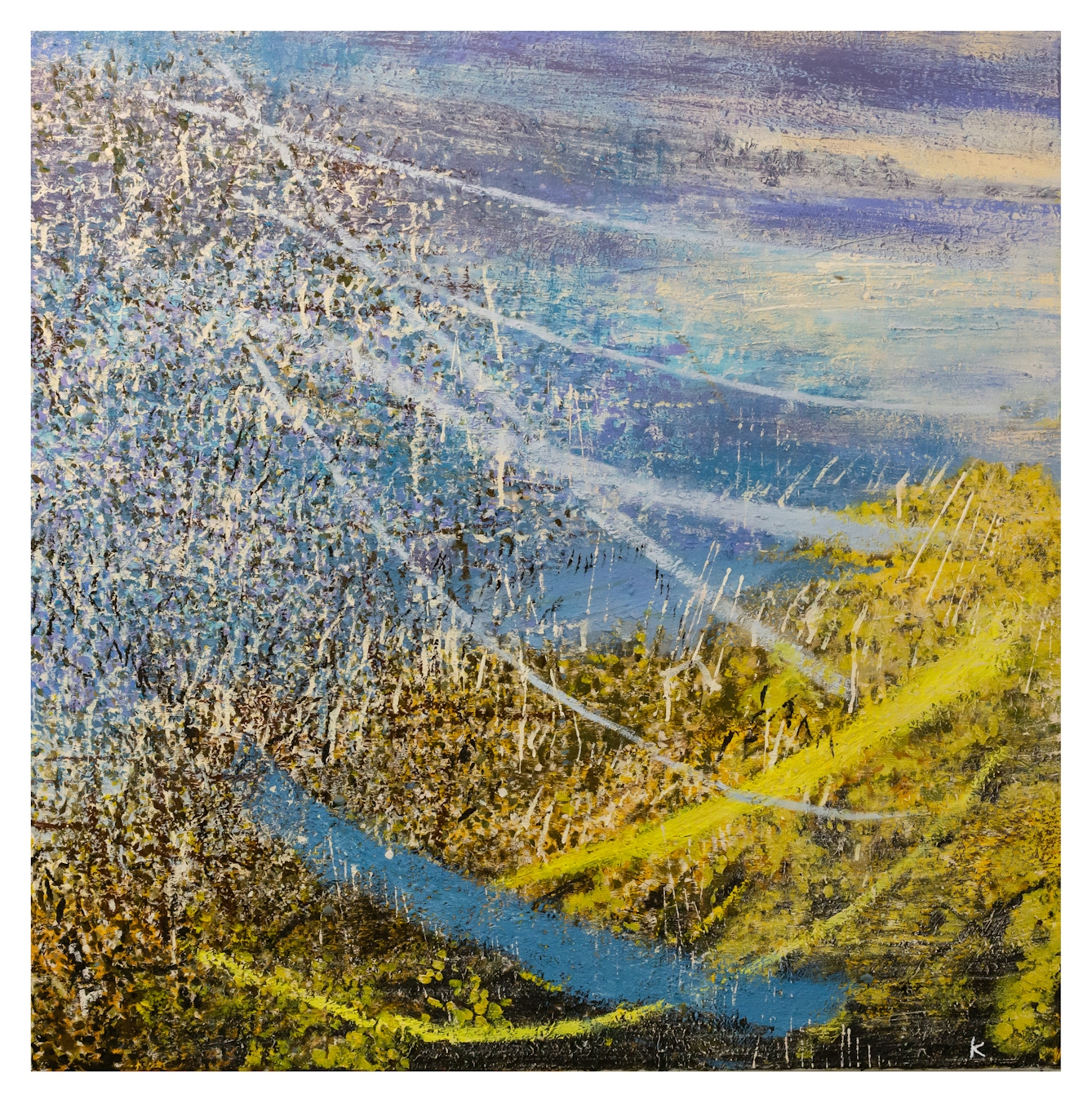 Oil on canvas artwork depicting an abstract, impressionist landscape made with heavily textured oil paint brushstrokes. The painting is made up of yellow, blue, brown and purple hues