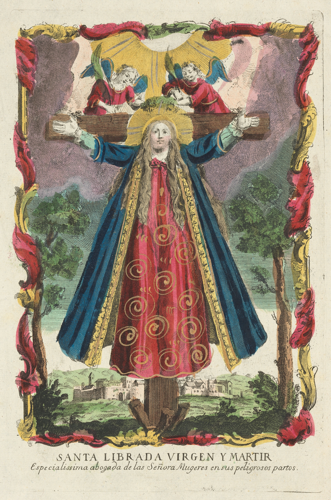 Coloured etching of woman on a cross