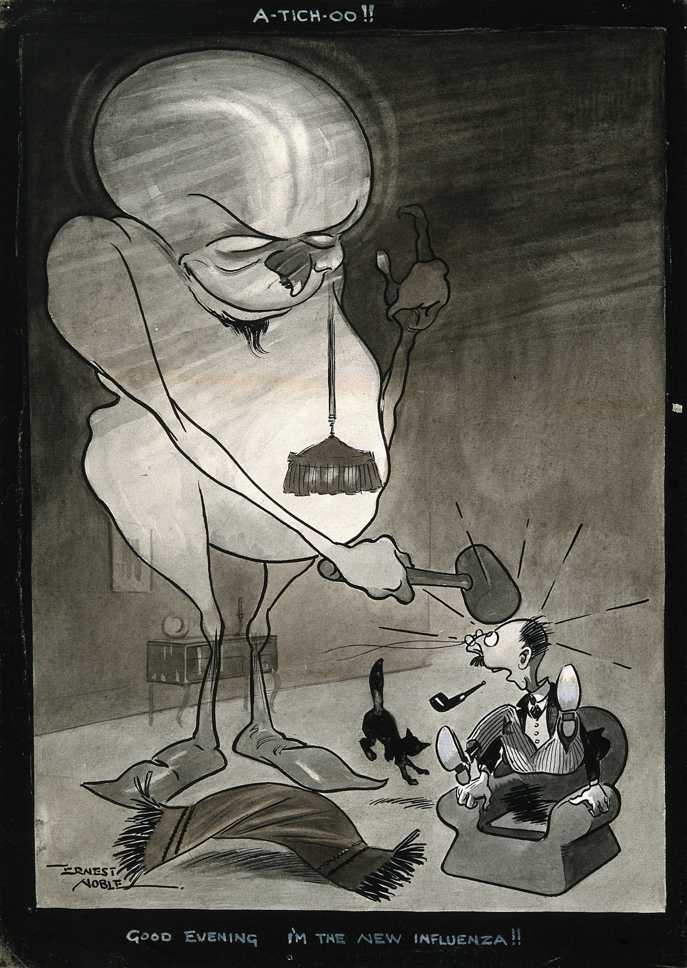 Pen and ink drawing of a monster representing an influenza virus hitting a man over the head as he sits in his armchair.