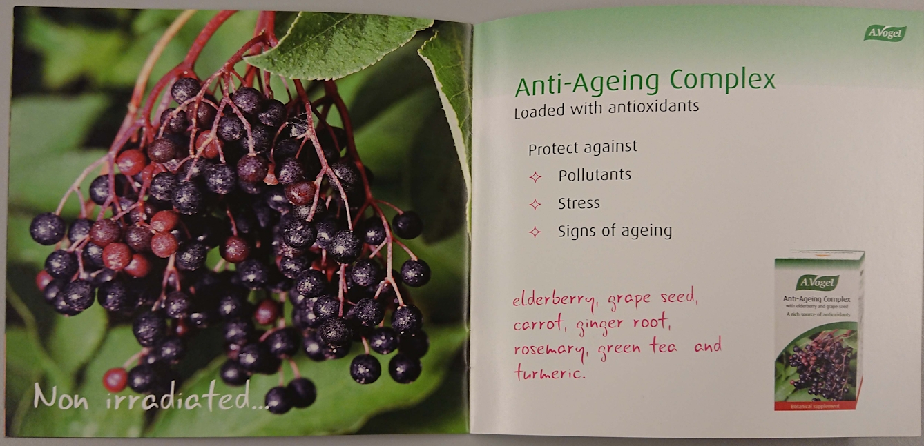 Advertising leaflet for A. Vogel brand Anti-Ageing Complex dietary supplement, featuring a photograph of a bunch of dark grapes. 