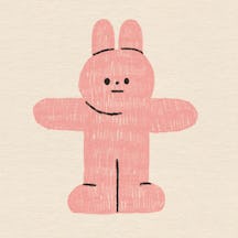 A digital illustration of pink bunny rabbit, standing upright with a blank expression
