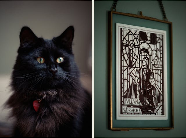 Photographic colour diptych. The image on the left shows a black cat with green eyes. The cat is wearing a collar with a red tag. The photo on the right shows a black and white painting in a thin gold frame, hanging on a green painted wall. The painting shows a woman in medieval religious clothing, in a church setting. She is looking towards a crucifix with Jesus on it. Text alongside the bottom of the painting reads 