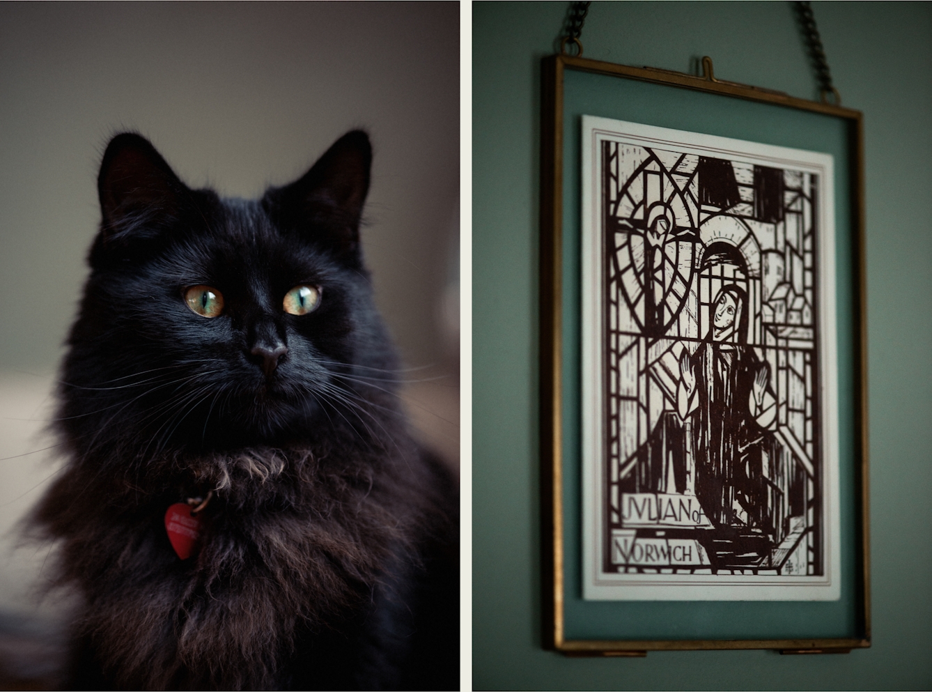 Photographic colour diptych. The image on the left shows a black cat with green eyes. The cat is wearing a collar with a red tag. The photo on the right shows a black and white painting in a thin gold frame, hanging on a green painted wall. The painting shows a woman in medieval religious clothing, in a church setting. She is looking towards a crucifix with Jesus on it. Text alongside the bottom of the painting reads 'Julian of Norwich'. 