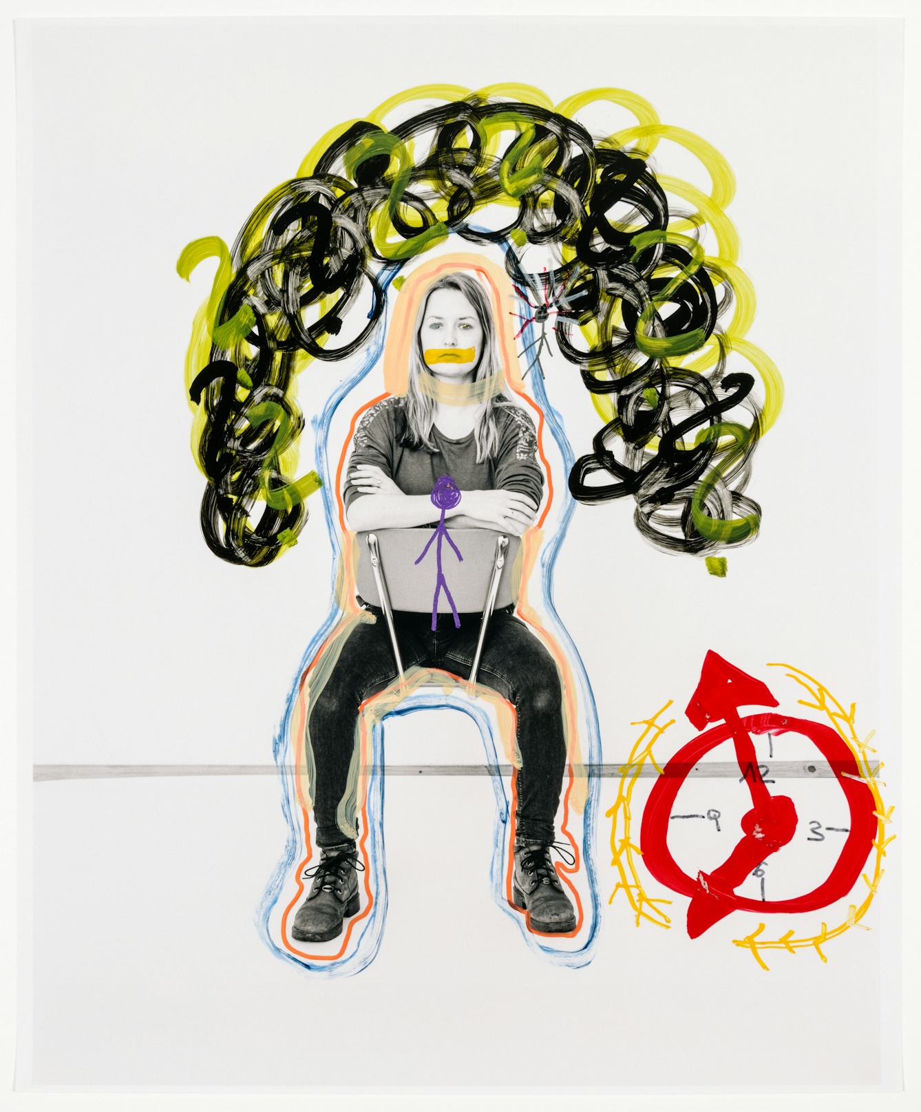 Full body photograph of a blonde woman sitting backwards on a chair, with her arms folded over the backrest. Around the photograph are hand-drawn images in colourful marker pens.  Above the lady are a series of ominous yellow and black clouds.  Outlining her body are two red and blue strokes. In front of her body is a purple stick figure.  To the bottom left of the frame is a red clock with a series of yellow arrows formed in a clockwise direction.  The woman’s face has a yellow mark over her mouth as she stares into the camera.