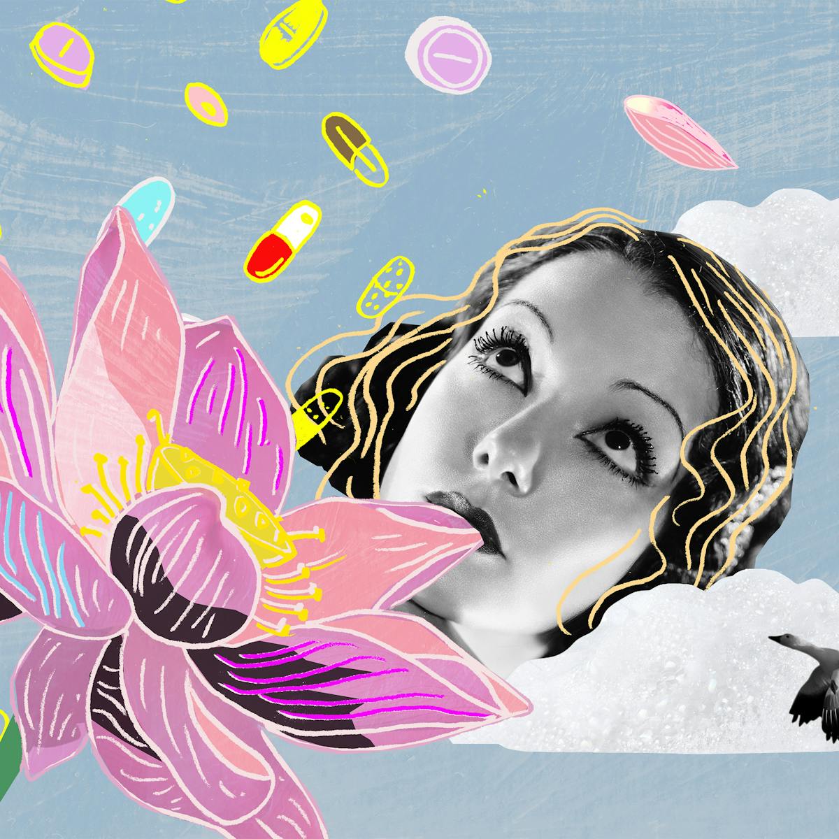 A colourful digital collage with photograph and illustrated elements. In the centre is a black and white photograph of a woman's face. She has short dark hair, and is wearing eyeliner and lipstick. Her face is slightly occluded by a white cloud, and there is another cloud behind her. She is looking upwards at a number of different coloured pills which are falling from the sky. There is a large pink lotus flower in the bottom right corner. The edge of one of the petals is inside the woman's mouth. Several of the petals are floating in the sky. Two small black and white seagulls are flying with spread wings in the bottom left corner.
