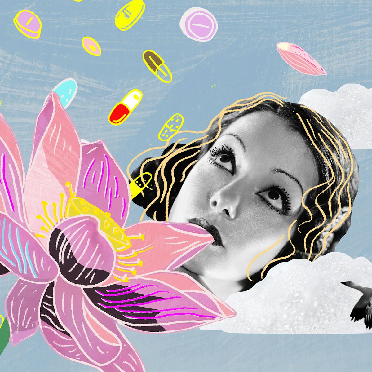 A colourful digital collage with photograph and illustrated elements. In the centre is a black and white photograph of a woman's face. She has short dark hair, and is wearing eyeliner and lipstick. Her face is slightly occluded by a white cloud, and there is another cloud behind her. She is looking upwards at a number of different coloured pills which are falling from the sky. There is a large pink lotus flower in the bottom right corner. The edge of one of the petals is inside the woman's mouth. Several of the petals are floating in the sky. Two small black and white seagulls are flying with spread wings in the bottom left corner. 