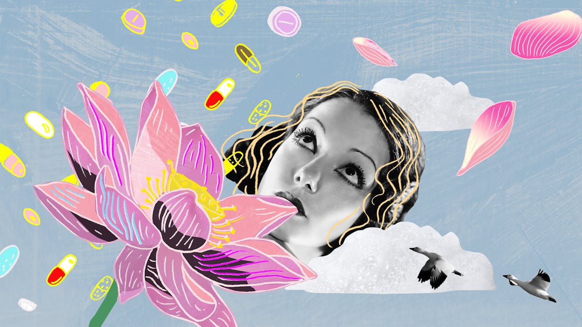 A colourful digital collage with photograph and illustrated elements. In the centre is a black and white photograph of a woman's face. She has short dark hair, and is wearing eyeliner and lipstick. Her face is slightly occluded by a white cloud, and there is another cloud behind her. She is looking upwards at a number of different coloured pills which are falling from the sky. There is a large pink lotus flower in the bottom right corner. The edge of one of the petals is inside the woman's mouth. Several of the petals are floating in the sky. Two small black and white seagulls are flying with spread wings in the bottom left corner. 