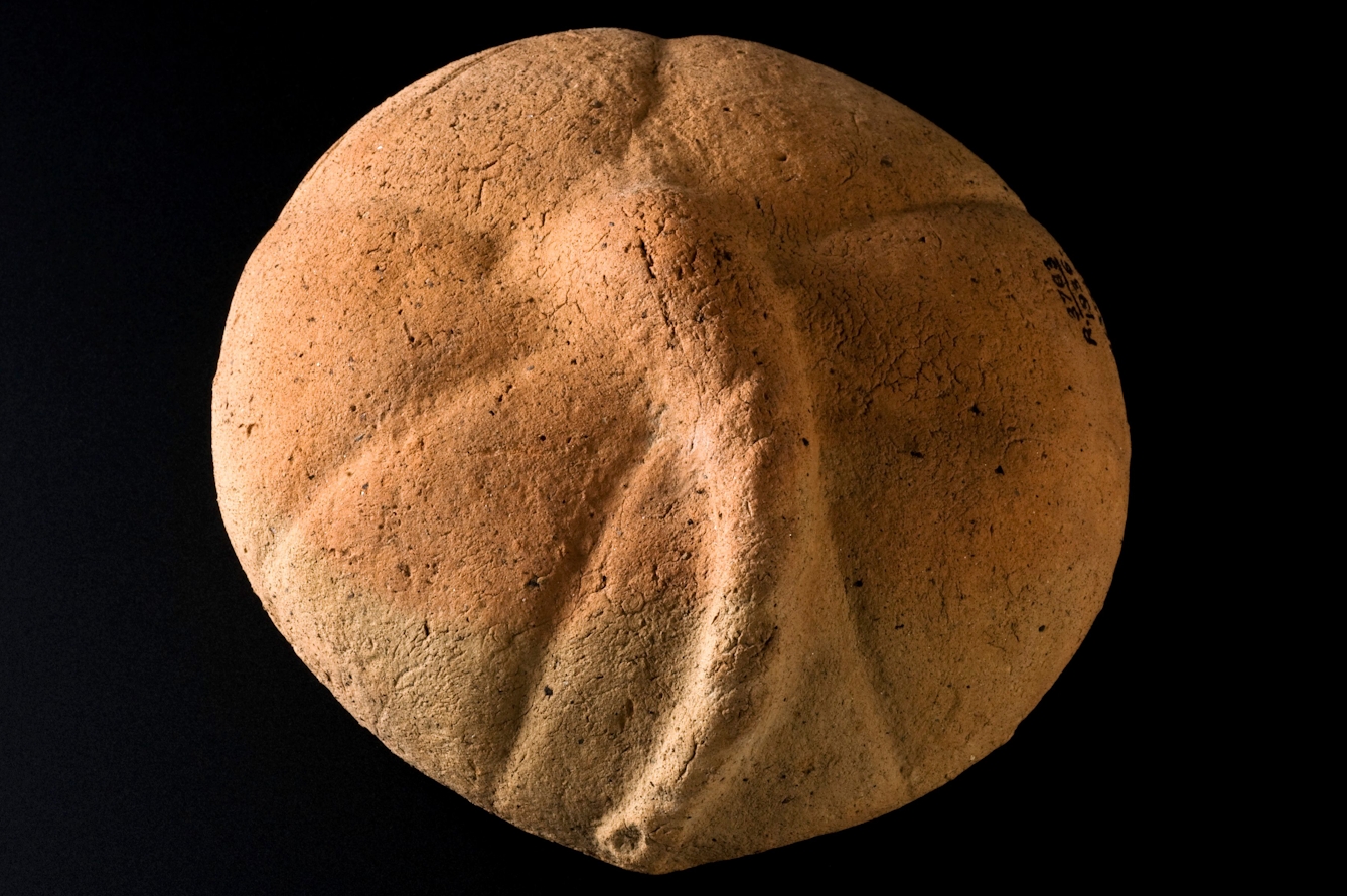 A photograph of a roman terracotta object. Used as a votive and used to represent the part of the body that needed help, it is is in the shape of a placenta.