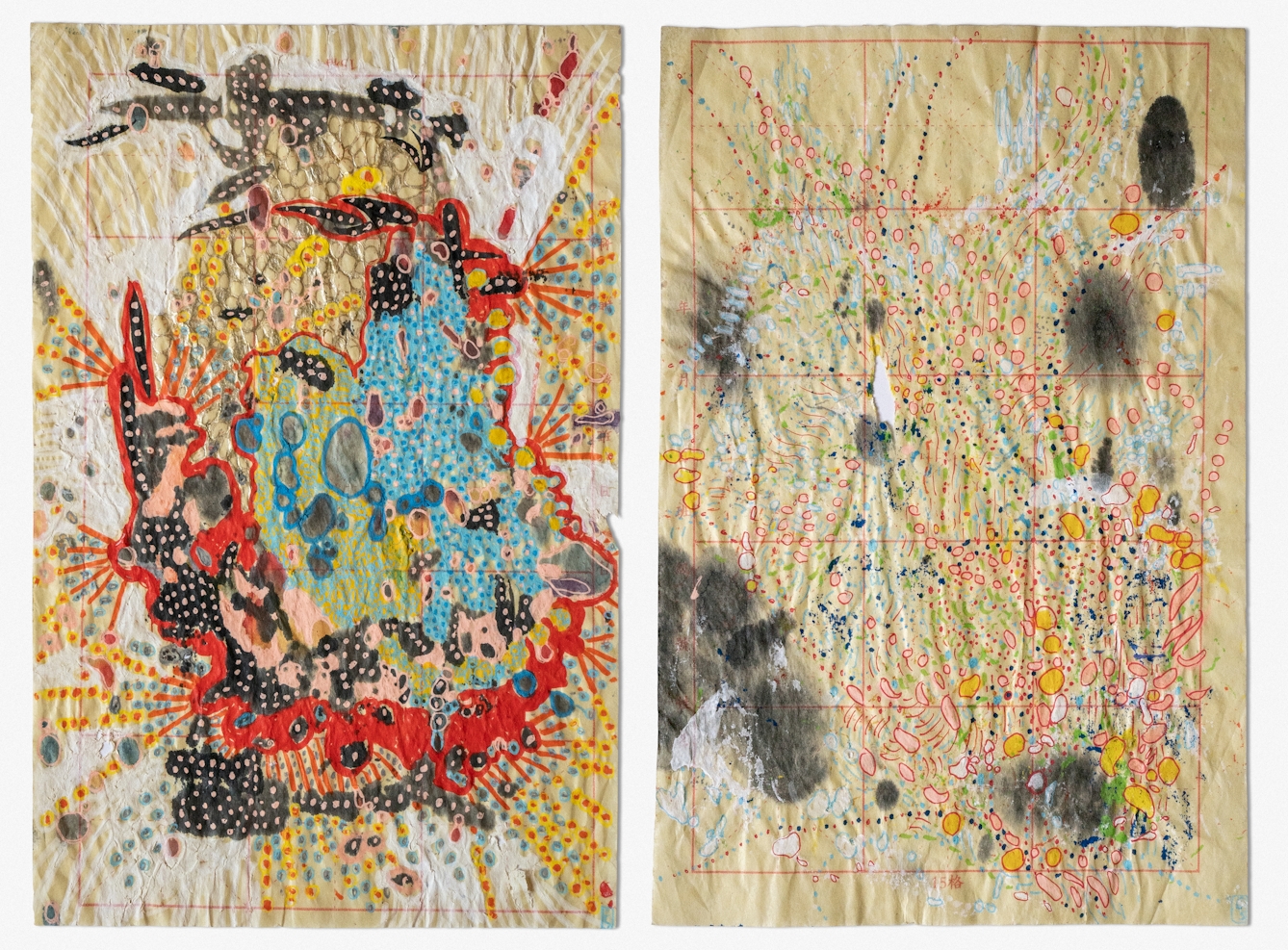 Photographic diptych of two abstract drawings on pink gridded Chinese calligraphy paper that is slightly crumpled and folded. To the left is an abstract mass of colourful splodges and very densely packed dots of different sizes and colours. The mass is surrounded by a broken red line, with a number of straight dotted lines in red and yellow extending out from it at different points. There are a number of black splodges with white dots inside them. Surrounding the red outline is a broken border of white ink, with lines extending from it out to the edge of the page. On the right is a collection of tiny circles, the majority of which are red-pink whilst some are dark navy blue. The circles range in size, and some of the larger circles are filled in yellow, whilst the smaller ones are just lines of alternating colour dots. A number of dark grey, fingerprint shaped splodges appear over the mass of dots, most of them slightly faded. 