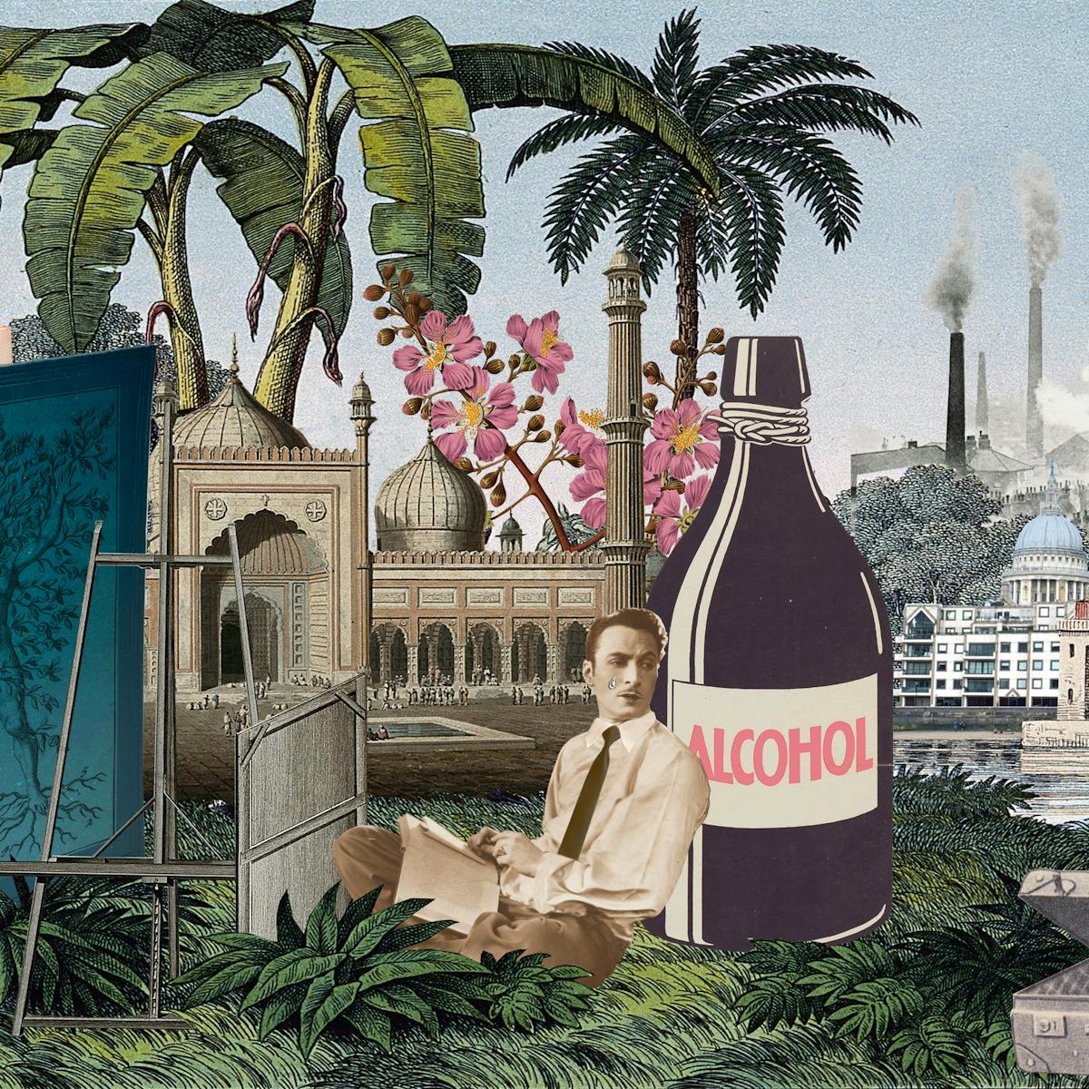 Artwork using collage. The collaged elements are made up of archive material which includes vintage photographs, etchings, painted illustrations, lithographic prints and line drawings. This artwork depicts a scene with an urban and rural combined background, where high chimneys billowing smoke and skyscrapers rise in the distance. In the middle distance an are tall palm trees and an expanse of water with a small boat. In the foreground on the left is a lion on his hind legs, mouth open in a roar. Behind and to the right of the lion is a large blue hardback book. On the cover is the figure of a naked man with his arms outstretched above his head. Branches grow out of his arms, torso and legs and roots grow out of his feet. Next to the book is an empty artist's easel with a stretched canvas leaning against it. In the centre of the image a man in a shirt and tie sits cross legged with a notebook on his lap, looking to one side. A tear falls down his right cheek. He is leaning against a large bottle with the word 'alcohol' written on its label. To the far right are a couple of suitcases, one is open with a red heart inside, the other has a building floor plan drawn on its lid. In the blue sky on the right is a helicopter and on the left, a moon like orb.