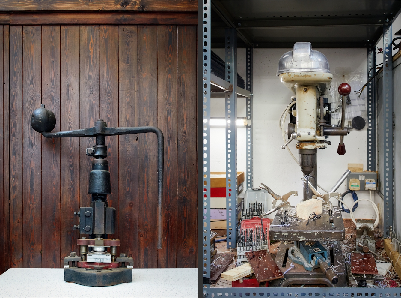 Photographic diptych, both images showing old manufacturing machinery. The image on the left shows a large manual press set against a wooden panelled wall. The image on the right shows a pillar drill surrounded by drill bits, clamps and plastic shavings.