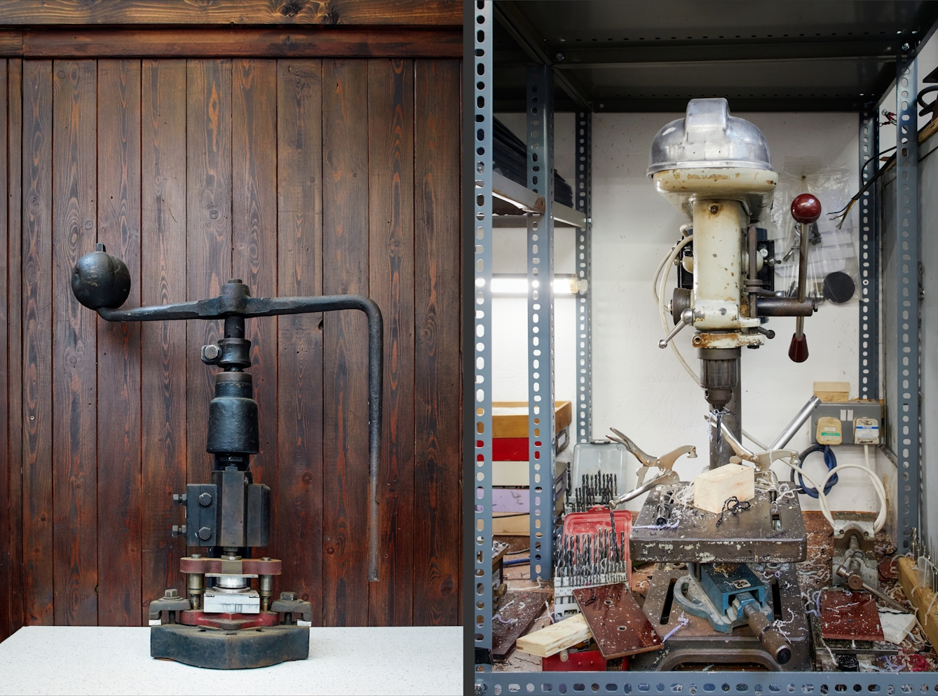 Photographic diptych, both images showing old manufacturing machinery. The image on the left shows a large manual press set against a wooden panelled wall. The image on the right shows a pillar drill surrounded by drill bits, clamps and plastic shavings.