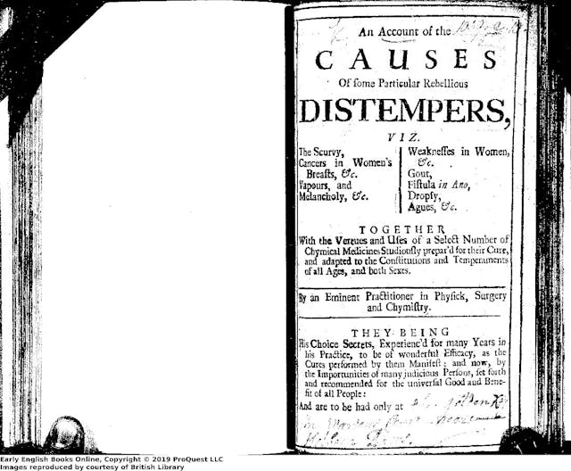 Black and white image of a book title page. Text reads: An Account of the causes of some particular rebellious distempers viz. the scurvey, cancers in women