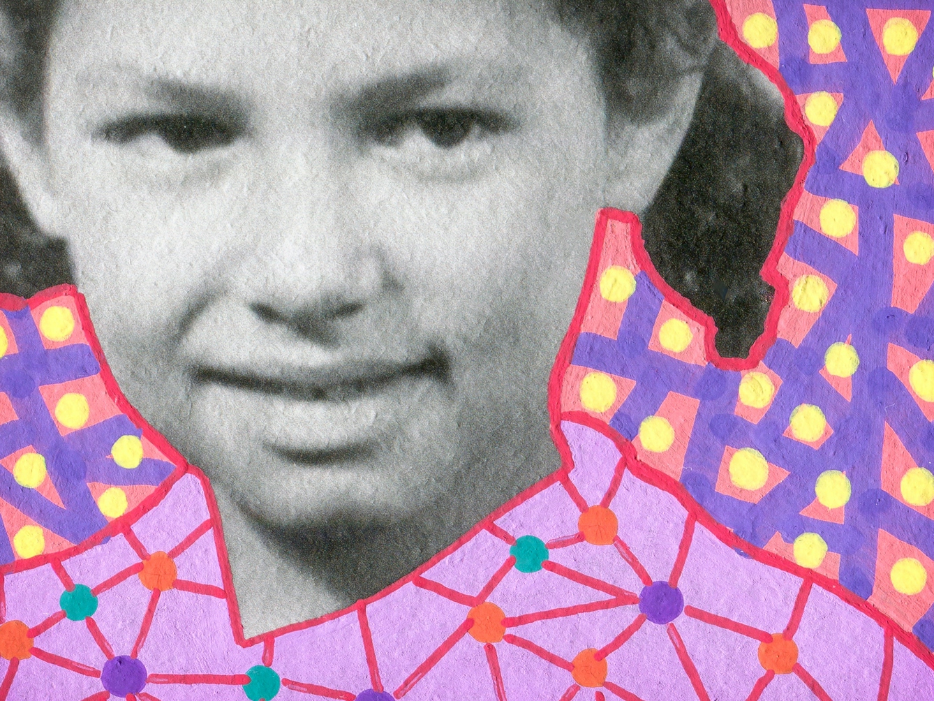 Artwork created by painting over the surface of a black and white photographic print with colourful paint. The artwork shows the original head of a young girl from the photograph beneath. The girl's face is pictured close up and she is smiling off to the right of camera. Apart from her head and face, the rest of the image is a painted red background covered in small yellow dots and thick purple lines crisscrossing the background. The girl's clothes are painted differently, with a light purple background, covered in orange, green and dark purple dots, linked together by straight red lines. The texture of the paint can be seen, including the boundary between the painted area and the original photographic print.