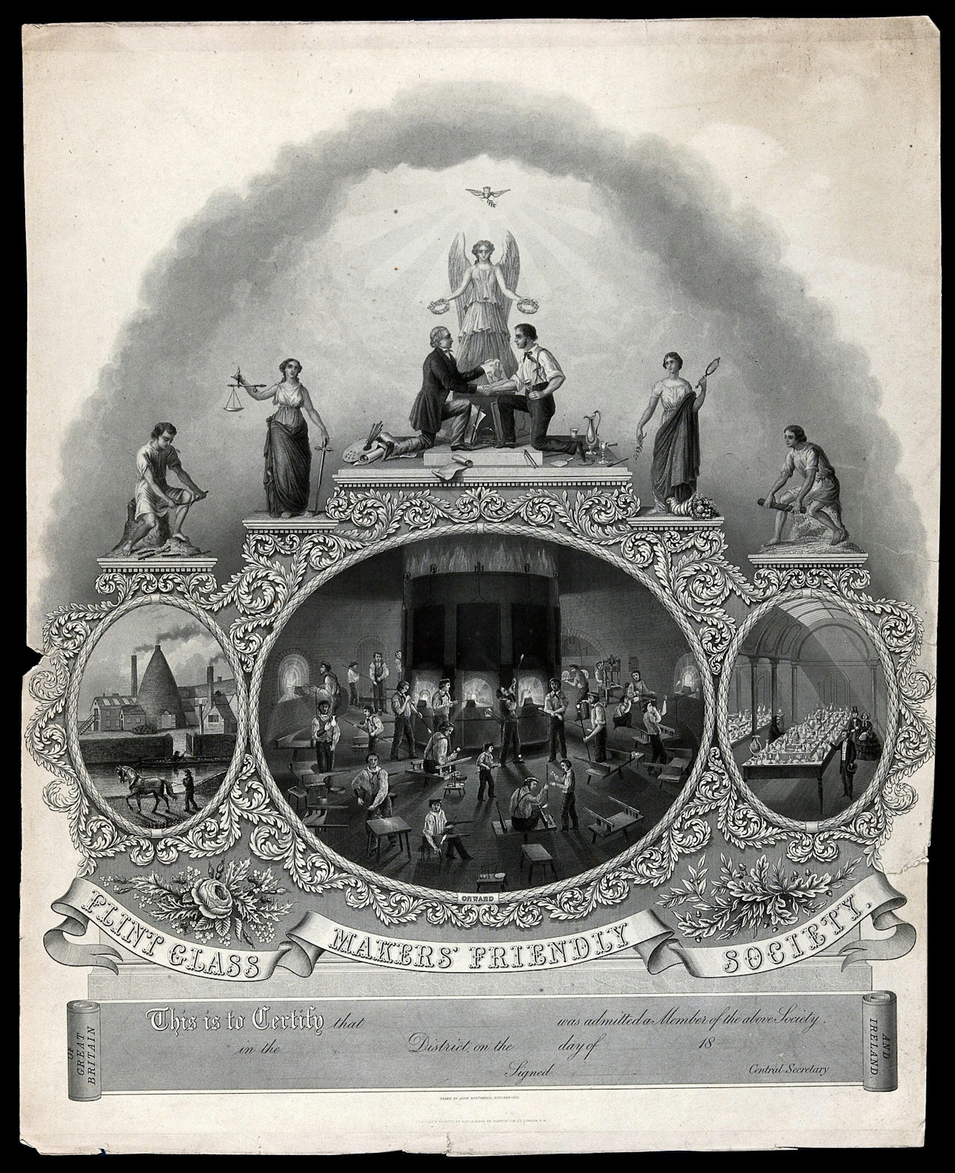 Engraving showing three plinths of different levels. On the highest, most central plinth, there are two men kneeling down, facing one another and shaking hands. In the center there is a winged angel holding two wreaths above each of the man's heads. Behind the angel is a flying dove and a beaming sun, suggestive of the heavens. On the lower plinths there are two women in long dresses. One is holding a sword and old-fashioned weighing scales and the other is holding a hand mirror and a small tree branch. On the lowest, outer plinths are two men holding wood or sticks who appear to be working. They are facing the highest plinth. Underneath the plinths is a sign that reads 'Flint glass makers' friendly society'. Above this text are three small images which appear to depict different stages of the glass-making process.  