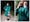 Photographic diptych. The image on the left shows a full length view of a woman who is wearing an emerald green dress with a shiny lustre. She is standing looking straight at the camera, with her right hand on her hip and in her left hand she is holding a small hand bag in front of her left leg. In the background can be seen a dark park or woodland scene with a footpath disappearing into the distance. On either side of the path is green vegetation and tree leaves. The image on the right shows a close-up of the same woman in the same dress, concentrating on her torso which is slightly angled to the camera. Her hands are both up at her collar where she seems to be making an adjustment to the dress.