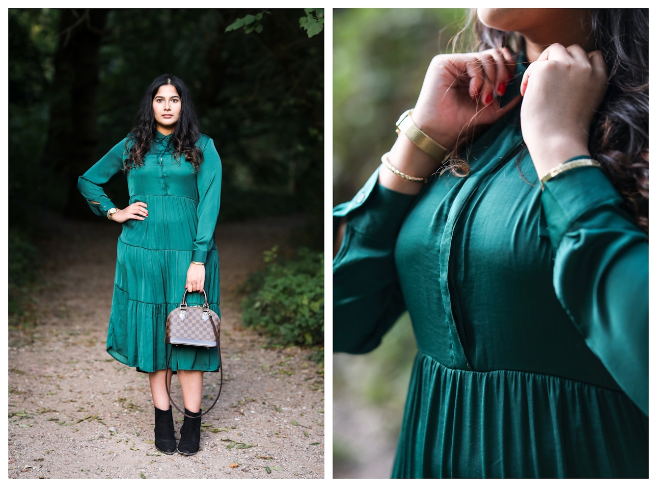 Photographic diptych. The image on the left shows a full length view of a woman who is wearing an emerald green dress with a shiny lustre. She is standing looking straight at the camera, with her right hand on her hip and in her left hand she is holding a small hand bag in front of her left leg. In the background can be seen a dark park or woodland scene with a footpath disappearing into the distance. On either side of the path is green vegetation and tree leaves. The image on the right shows a close-up of the same woman in the same dress, concentrating on her torso which is slightly angled to the camera. Her hands are both up at her collar where she seems to be making an adjustment to the dress.