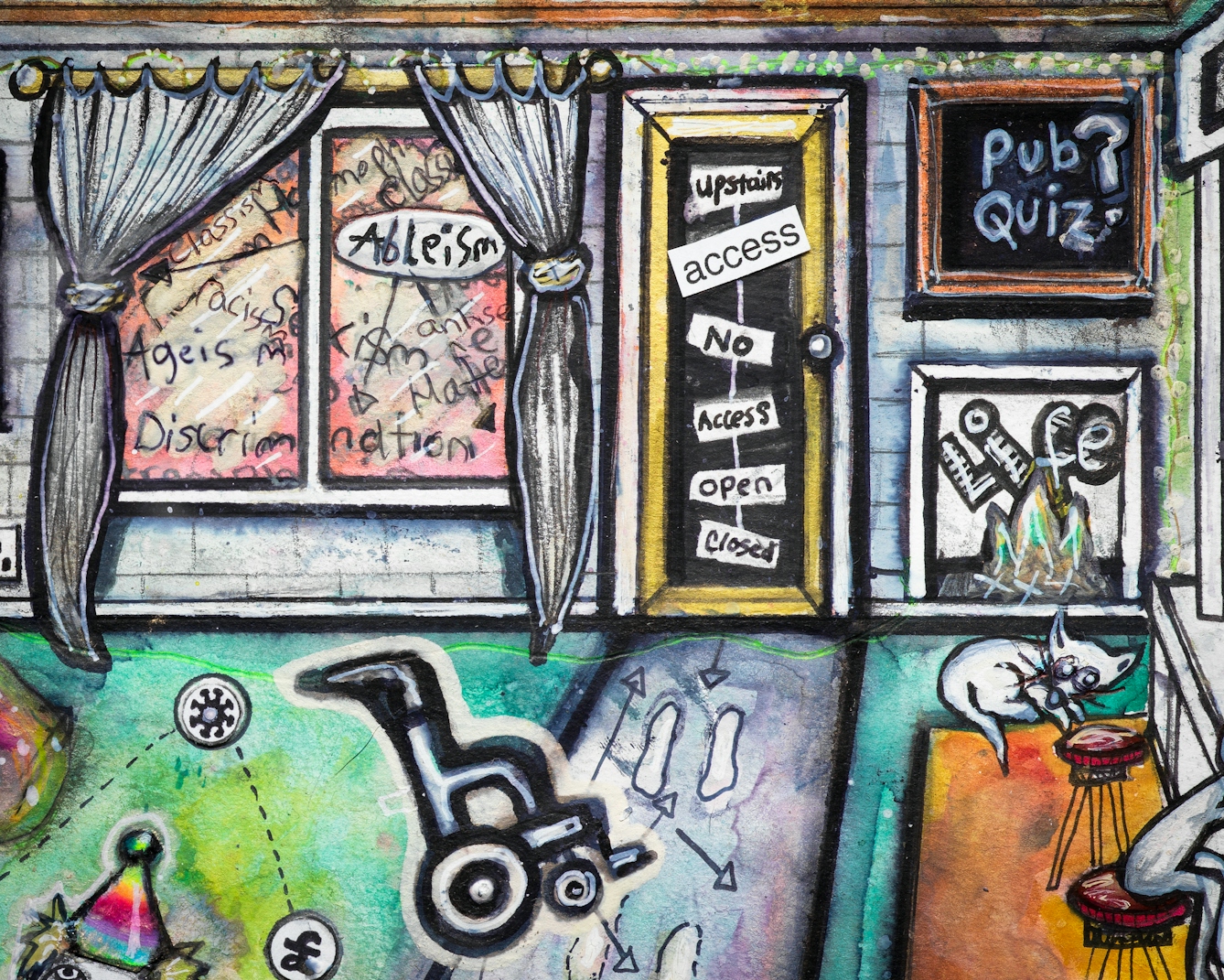 Artwork using watercolour and ink incorporating collaged words throughout the scene. The artwork shows a busy multi-coloured room. On the back wall, a window overlooking the outside world is filled with words including ‘Ableism’. Next to the window is a door with a few words including the phrase ‘no access’. Beside the door is a picture of the word ‘life’ burning in flames, and above it a chalkboard with the words ‘Pub Quiz?’ on it.