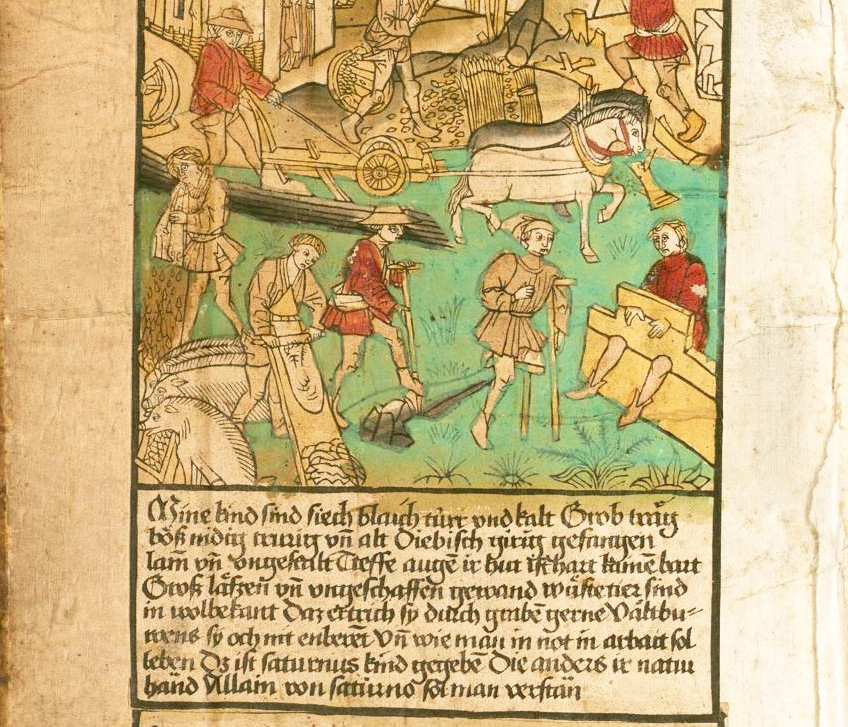 Page from a 15th century manuscript showing a man with an amputated foot supporting the stump with a wooden prosthetic and suppporting himself with a crutch. His is show in the context of other men doing everyday medieval activities: digging, ploughing with horses, feeding pigs, bakings and a man in stocks.