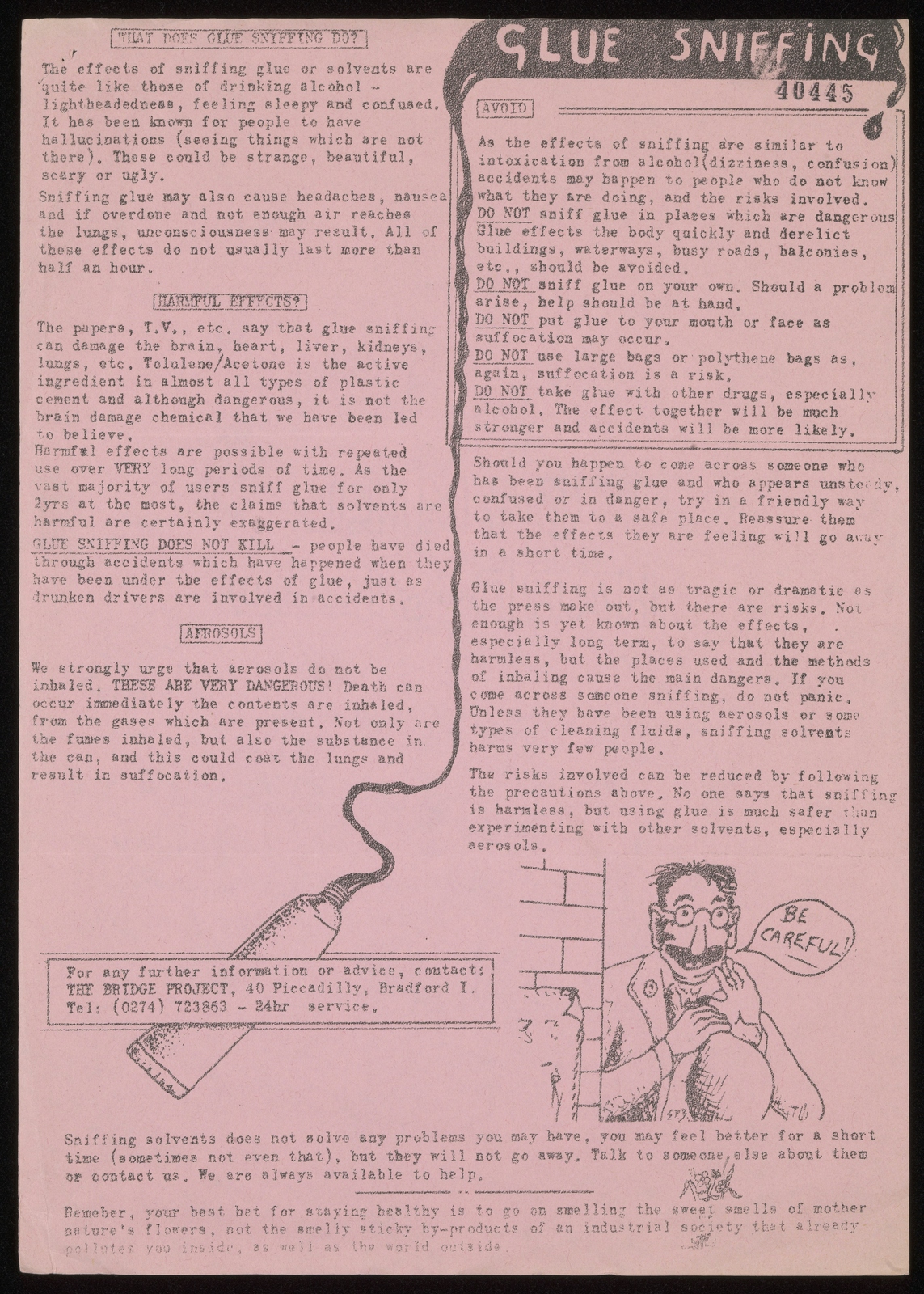A fact sheet about glue sniffing, black text on pink paper with a hand-drawn illustration of a man saying 'Be careful'.