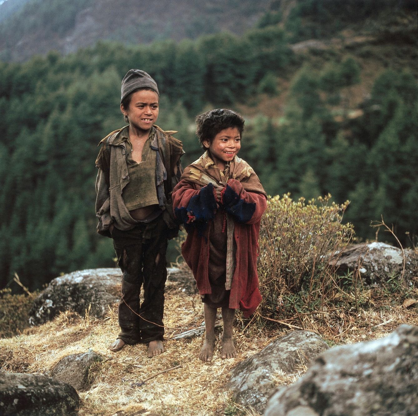 Two young children standing on a hillside smiling