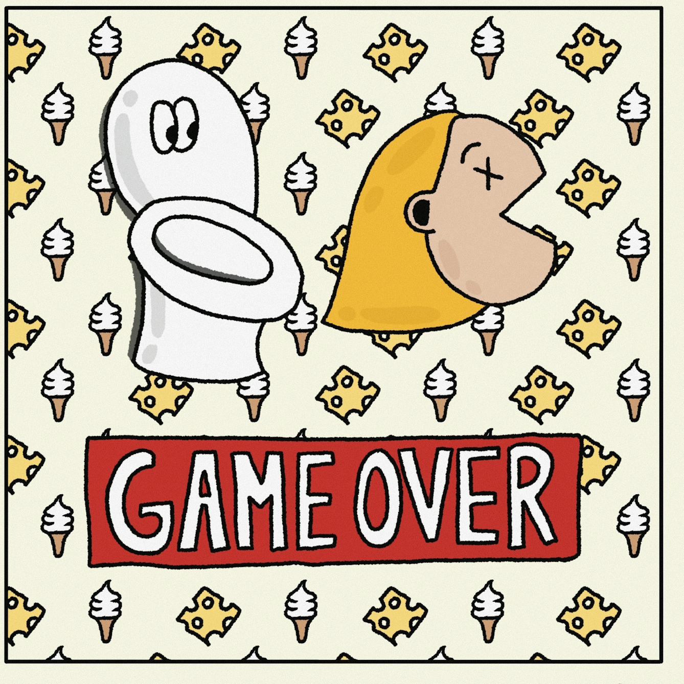 Panel 4 of a digitally drawn, four-panel comic titled ‘Down the Toilet’: A big, red box says “GAME OVER”. The character is next to the toilet. 
