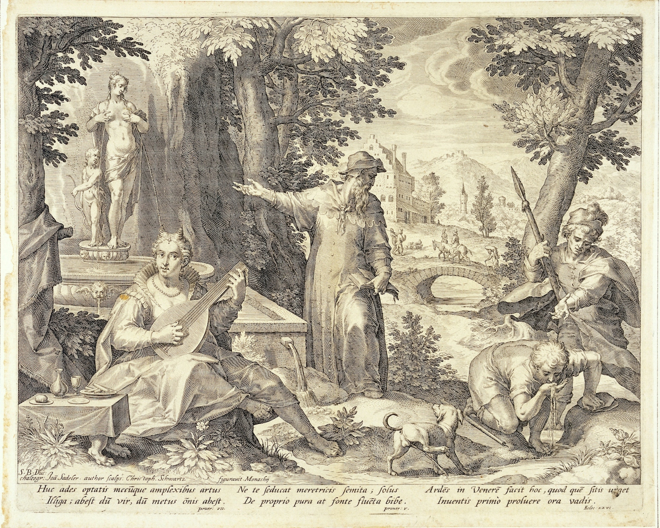 Hieronymus Fracastorius (Girolamo Fracastoro) shows the shepherd Syphilus and the hunter Ilceus a statue of Venus to warn them against the danger of infection with syphilis. Engraving by Jan Sadeler I, 1588/1595, after Christoph Schwartz
