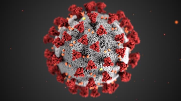 Computer rendered illustration of virus SARS-CoV-2 as a light grey floating orb with protruding red spikes.  