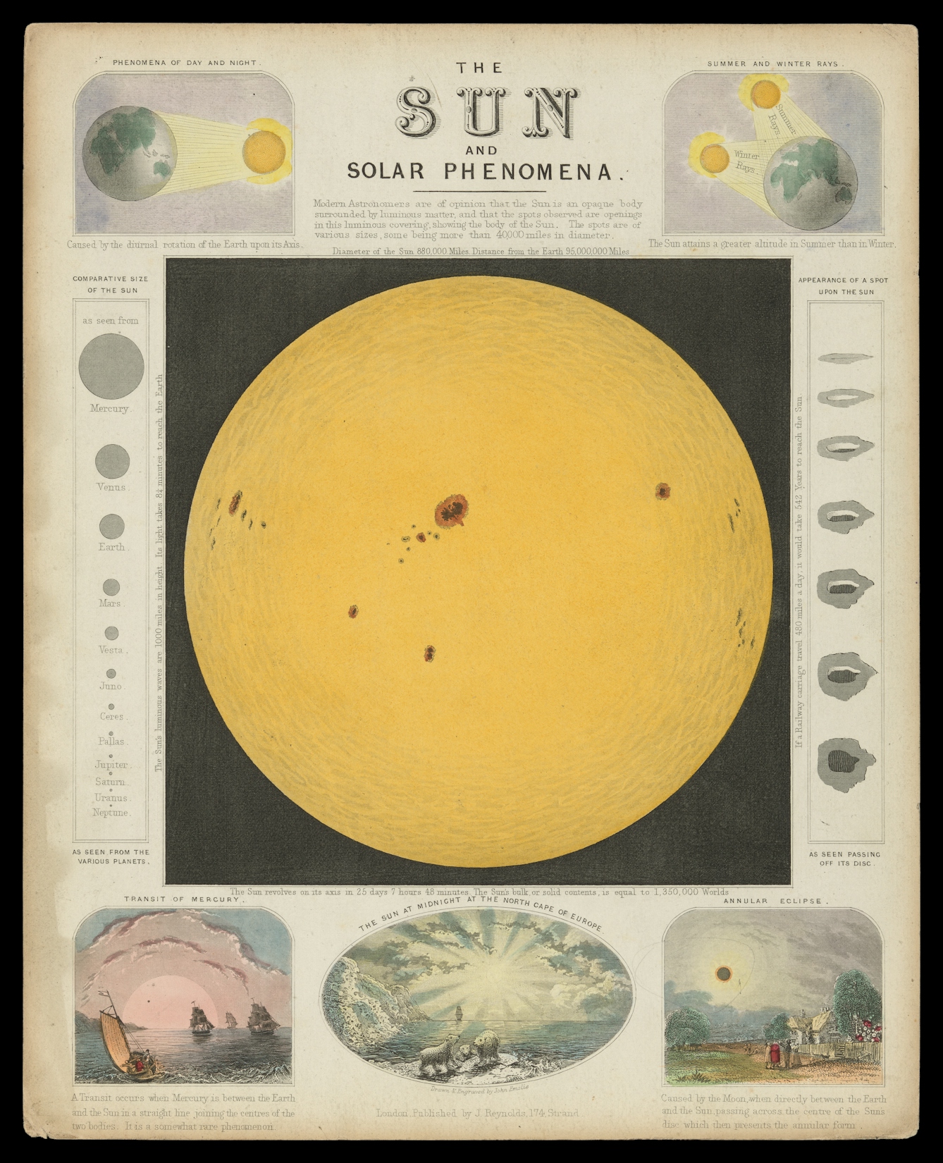 Image of 19th Century astronomy poster titled The Sun and Solar Phenomena