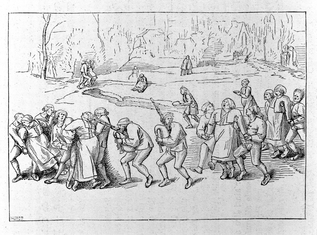 Image of black and white etching of a crowd of people in peasant clothes. Two men at the front hold guns. Women are being restrained.