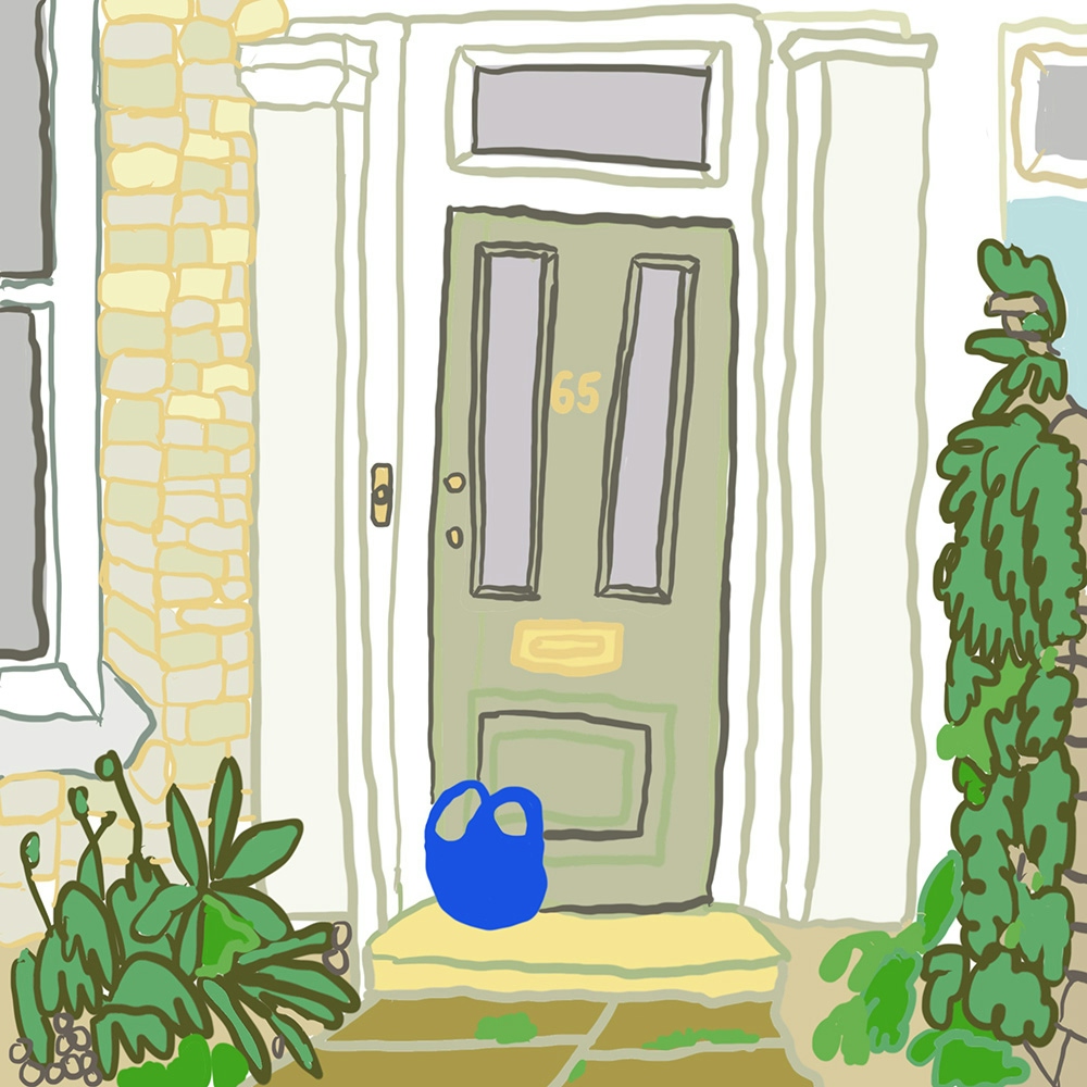 Webcomic showing a front door coloured green and numbered 65 in yellow, with a blue bag left on the porch outside. The door is surrounded by green plants to the right and left.
