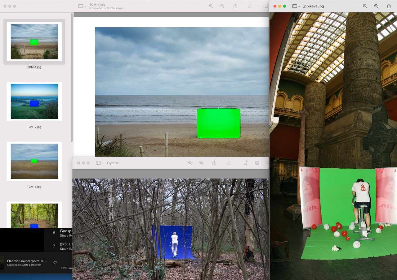 Image of an Apple Mac computer desktop. Laid out on the desktop are several application windows, overlapping and obscuring each other slightly. Within these windows are colour photographs showing a green and blue chroma key screen set in landscape locations and photographs of a man facing away from the camera sitting on an exercise bike which is placed on a chroma key backdrop.